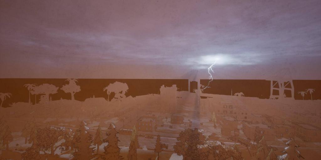 A lightning bolt impacting the ocean while a survivor overlooks the industrial city in ZSGO.