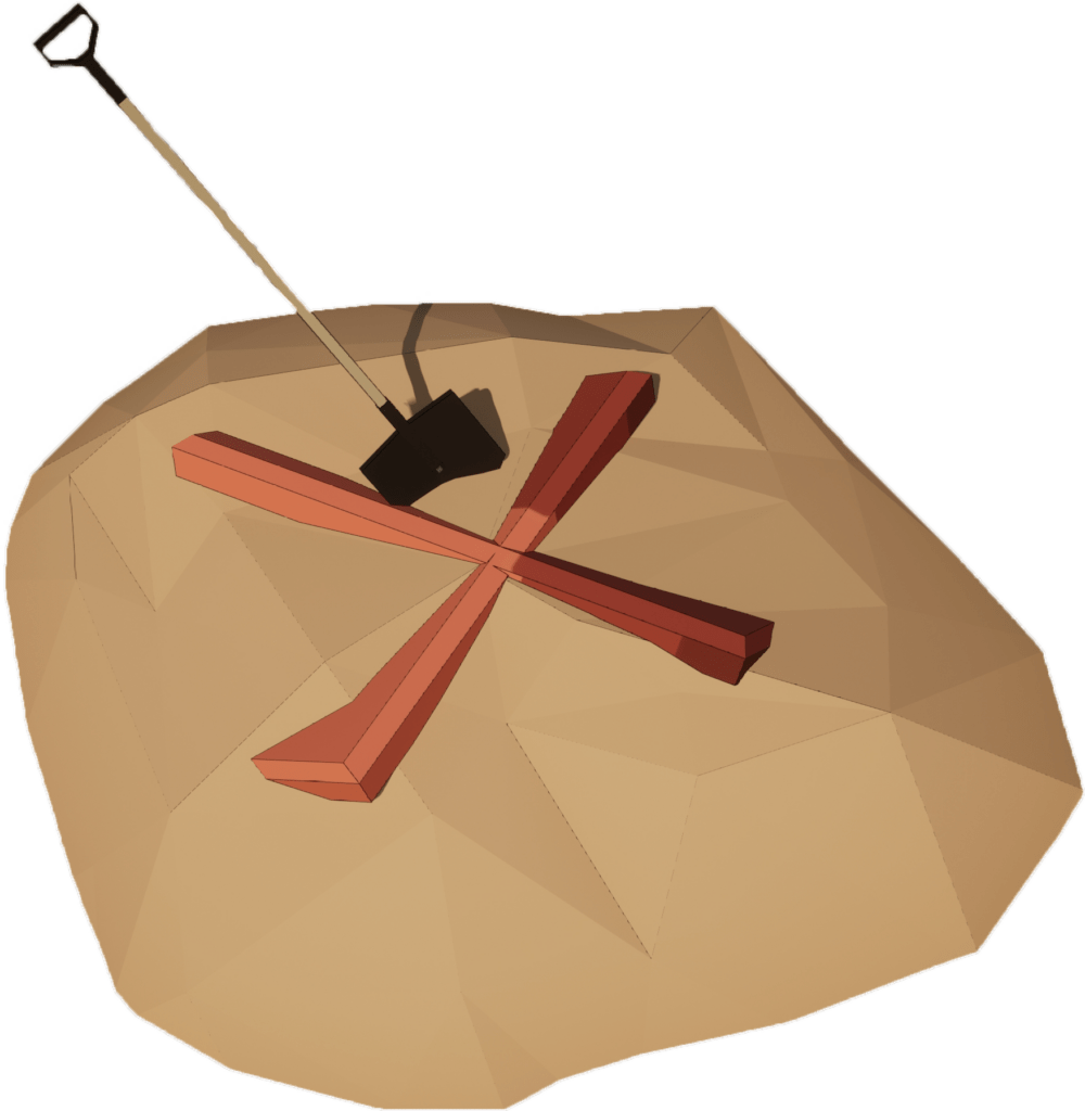 A shovel that is in a pile of dirt that is marked with an "X".
