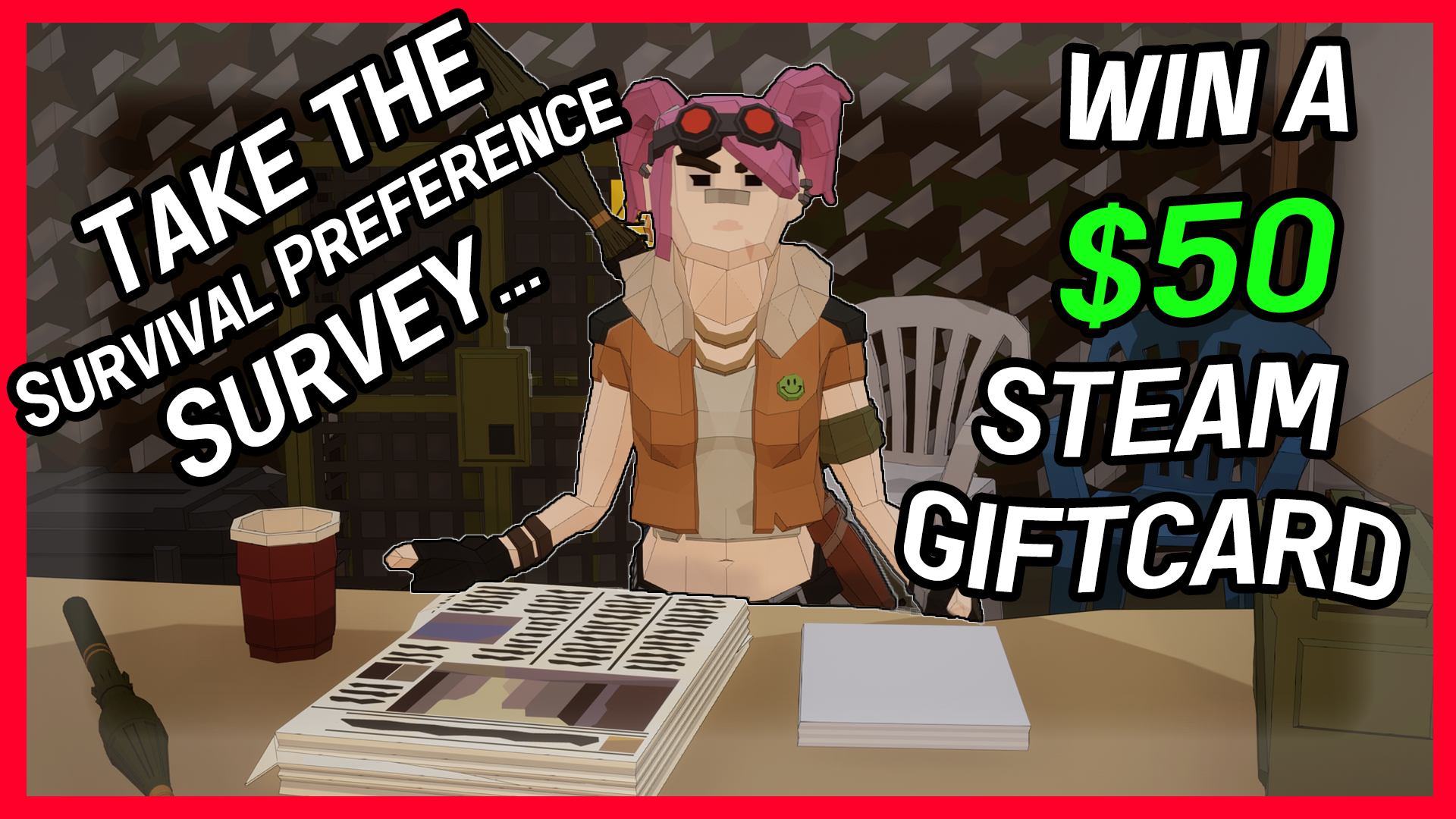 Scarina the in-game trader presenting a survey that survivors can take for a chance to win a $50 Steam giftcard!